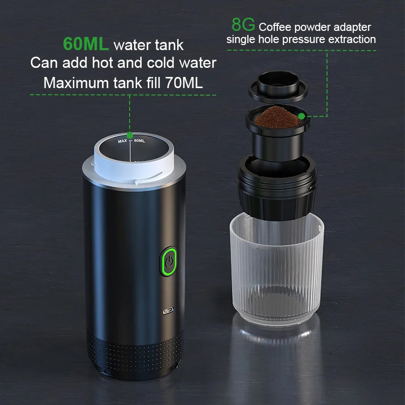 Portable Espresso Maker 3-in-1 – USB Rechargeable Coffee Machine for Capsules & Ground Coffee | Travel-Friendly